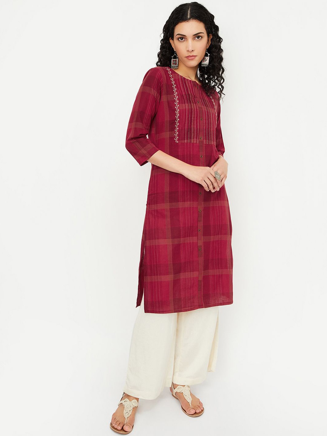 

max Striped Thread Work Cotton Straight Kurta, Red
