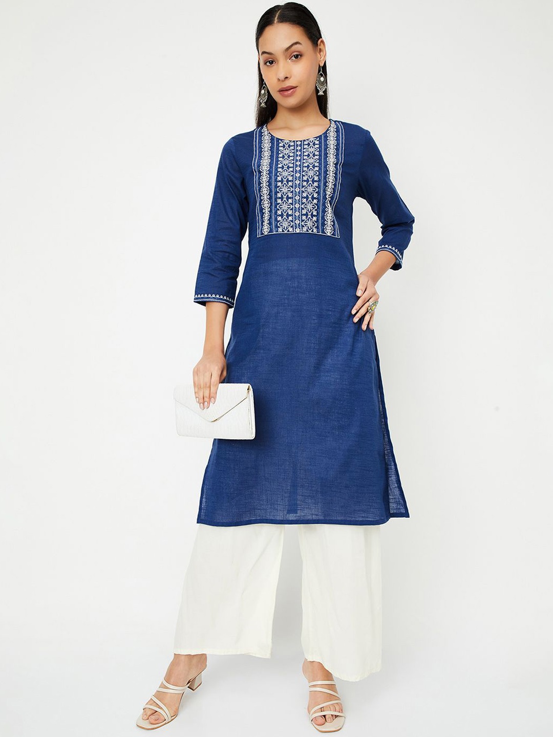 

max Ethnic Motifs Yoke Design Thread Work Cotton Straight Kurta, Blue
