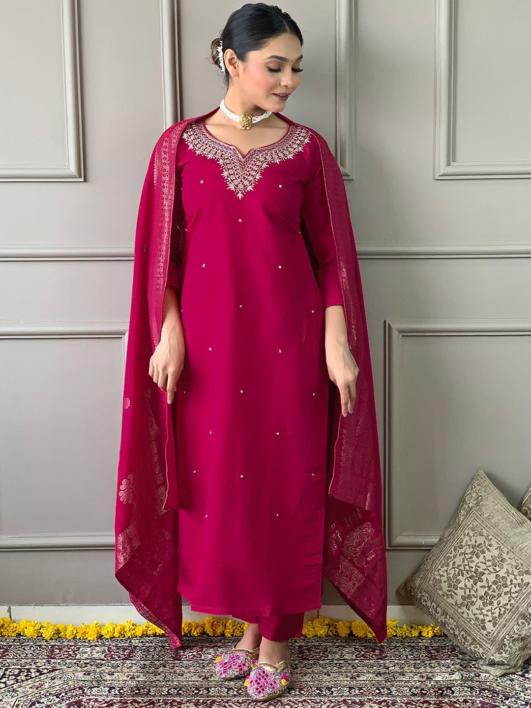 

KALINI Floral Embroidered Sequinned Straight Kurta With Trousers & Dupatta, Red