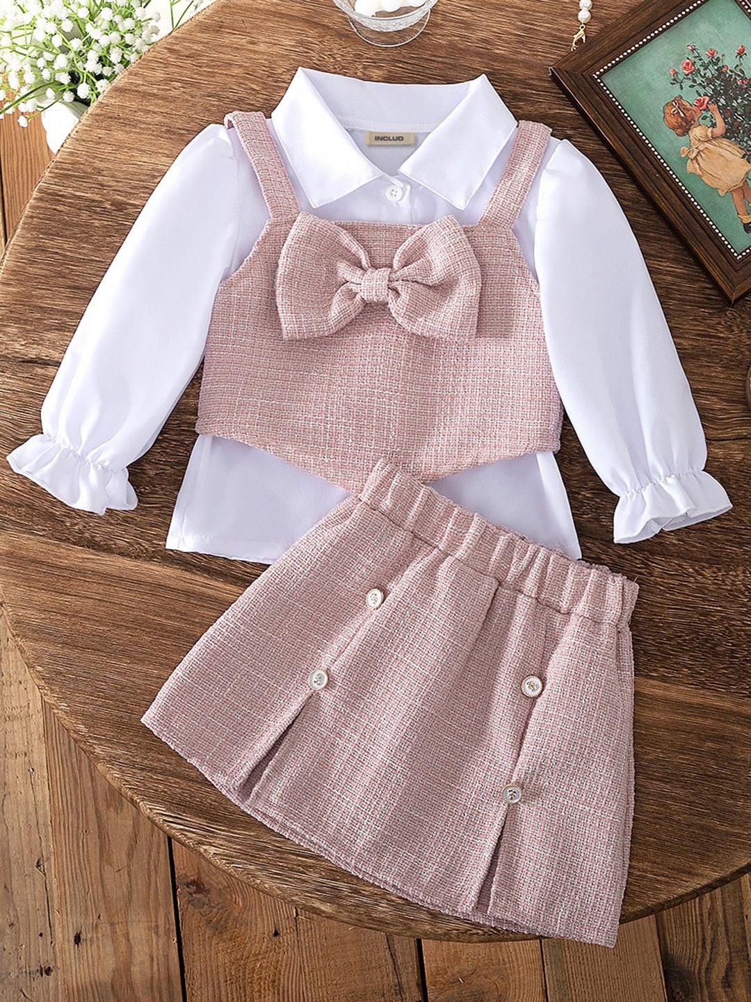 

INCLUD Girls Shirt with Skirt and Waistcoat Clothing Set, Pink