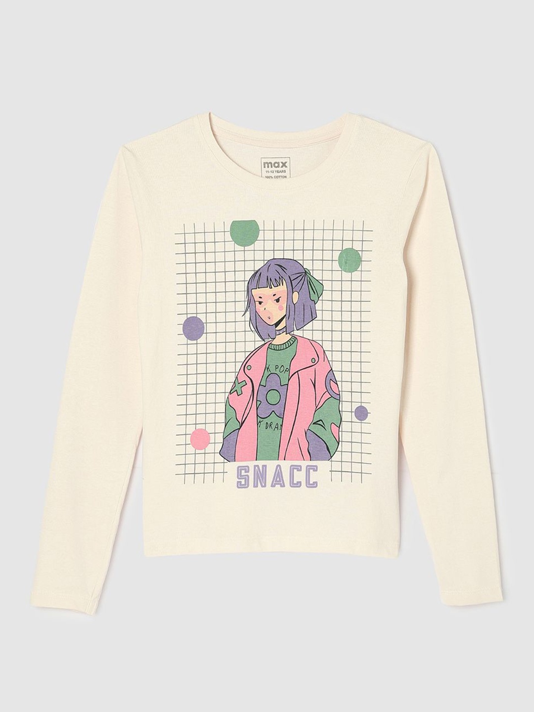 

max Girls Graphic Printed Round Neck Cotton T-shirt, Cream