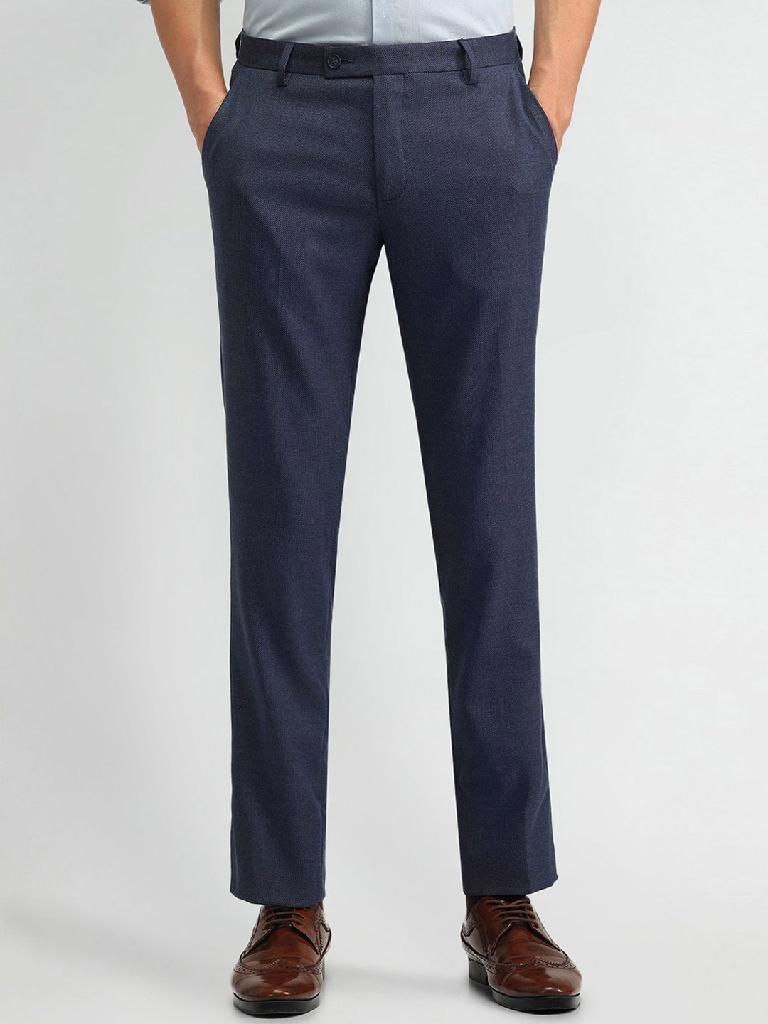

Arrow Men Textured Carrot Regular Fit Formal Trousers, Navy blue