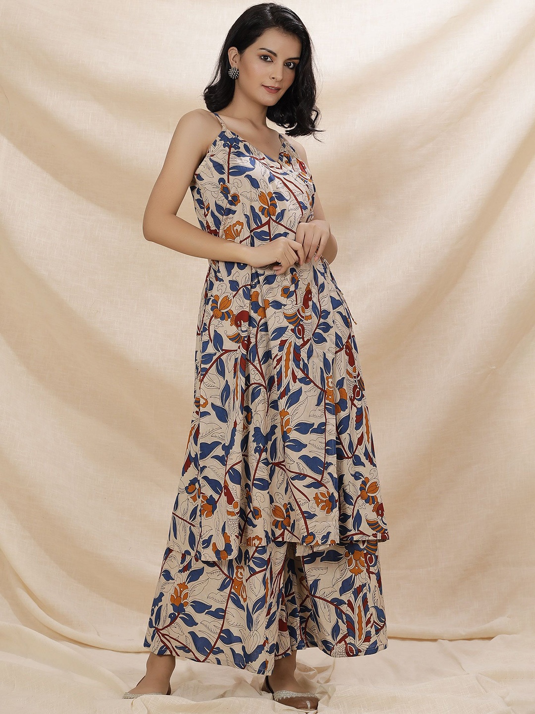 

TJORI Floral Kalamkari Printed Shoulder Straps Tie Ups Detail Cotton A-Line Kurta, Beige