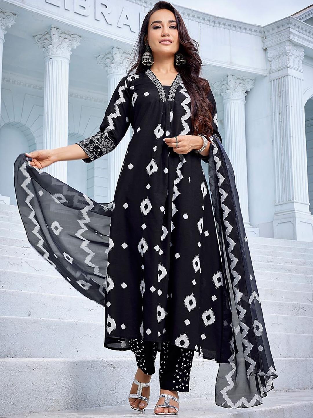 

Royal Export Geometric Printed Thread Work Anarkali Kurta with Trousers & Dupatta, Black