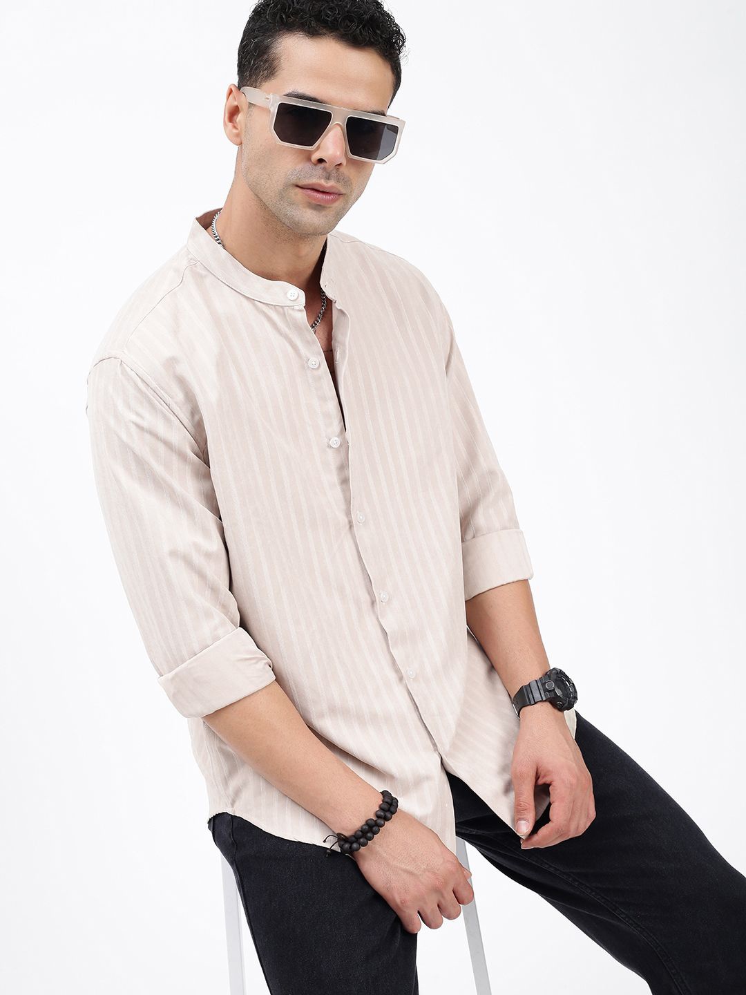 

SHOWOFF Men Standard Band Collar Textured Cotton Casual Shirt, Cream