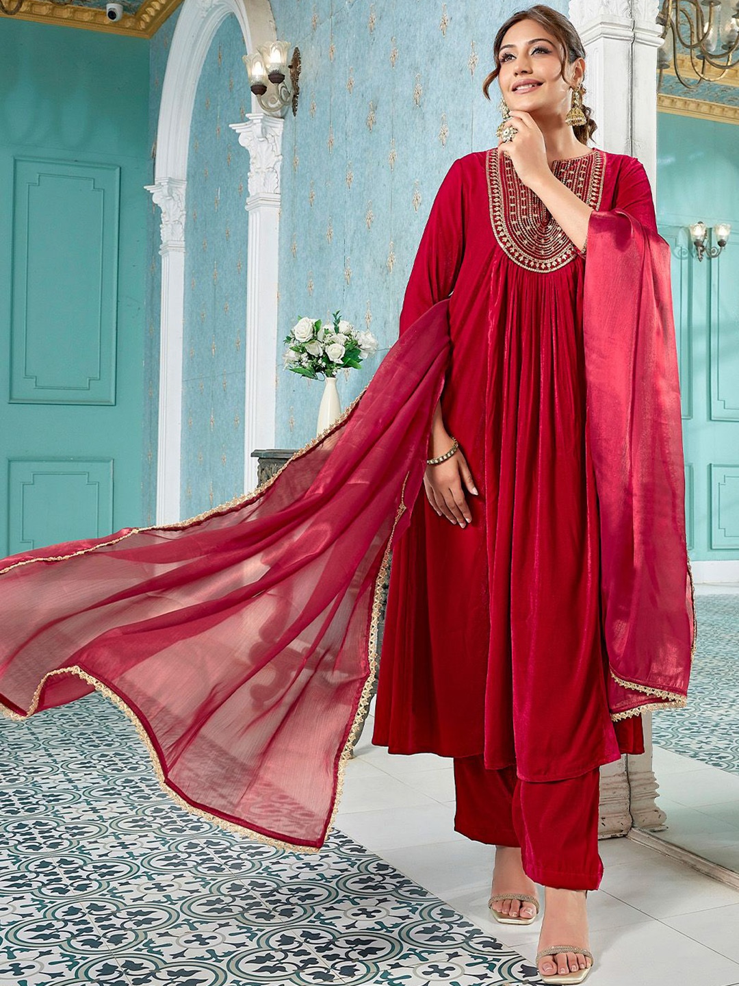 

Janasya Floral Embroidered Pleated Sequinned Velvet A-Line Kurta With Trouser & Dupatta, Red