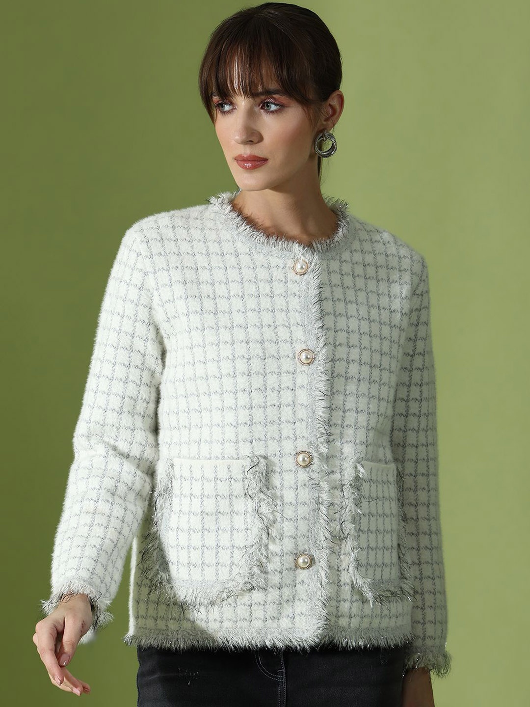 

KALINI Geometric Checked Woollen Pullover, White