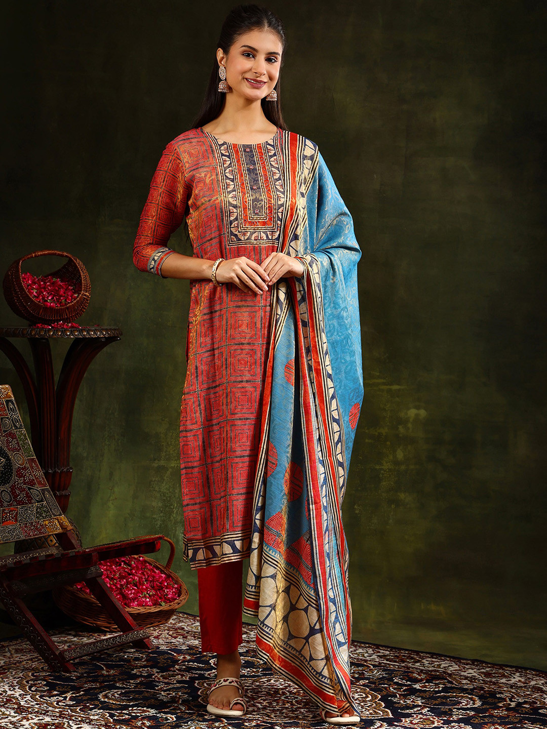 

KALINI Embroidered Beads and Stones Pure Silk Kurta with Trouser & Dupatta, Rust