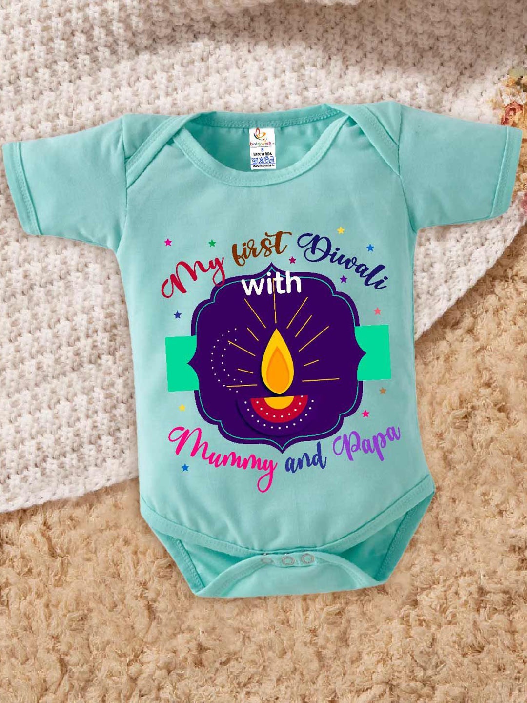 

Babywish Infant Printed My First Diwali Romper Bodysuit, Sea green