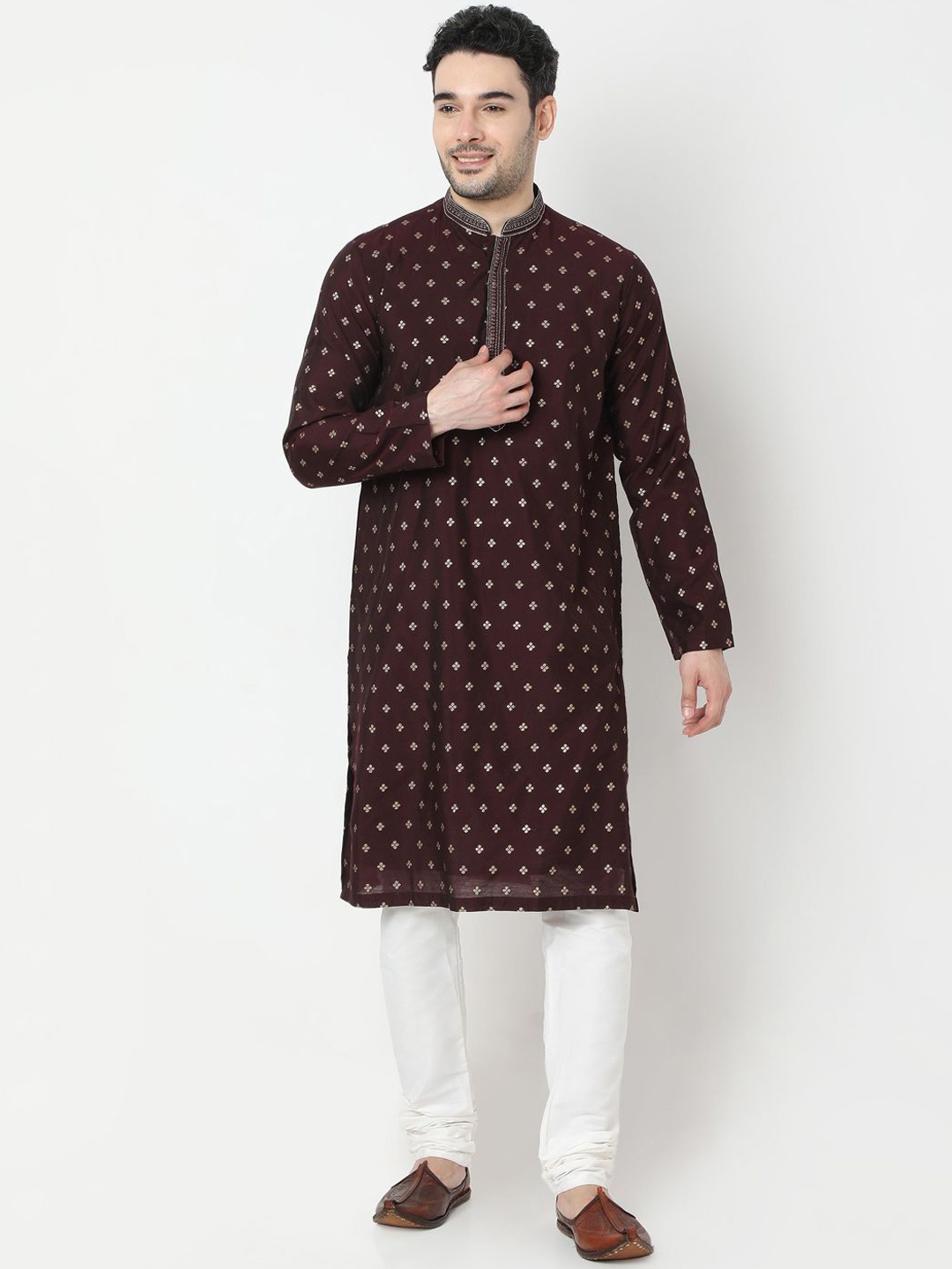 

Ethnicity Floral Woven Design Mandarin Collar Straight Kurta, Brown