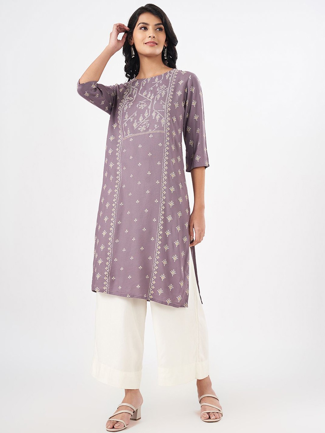 

RANGMANCH BY PANTALOONS Geometric Printed Straight Kurta, Mauve