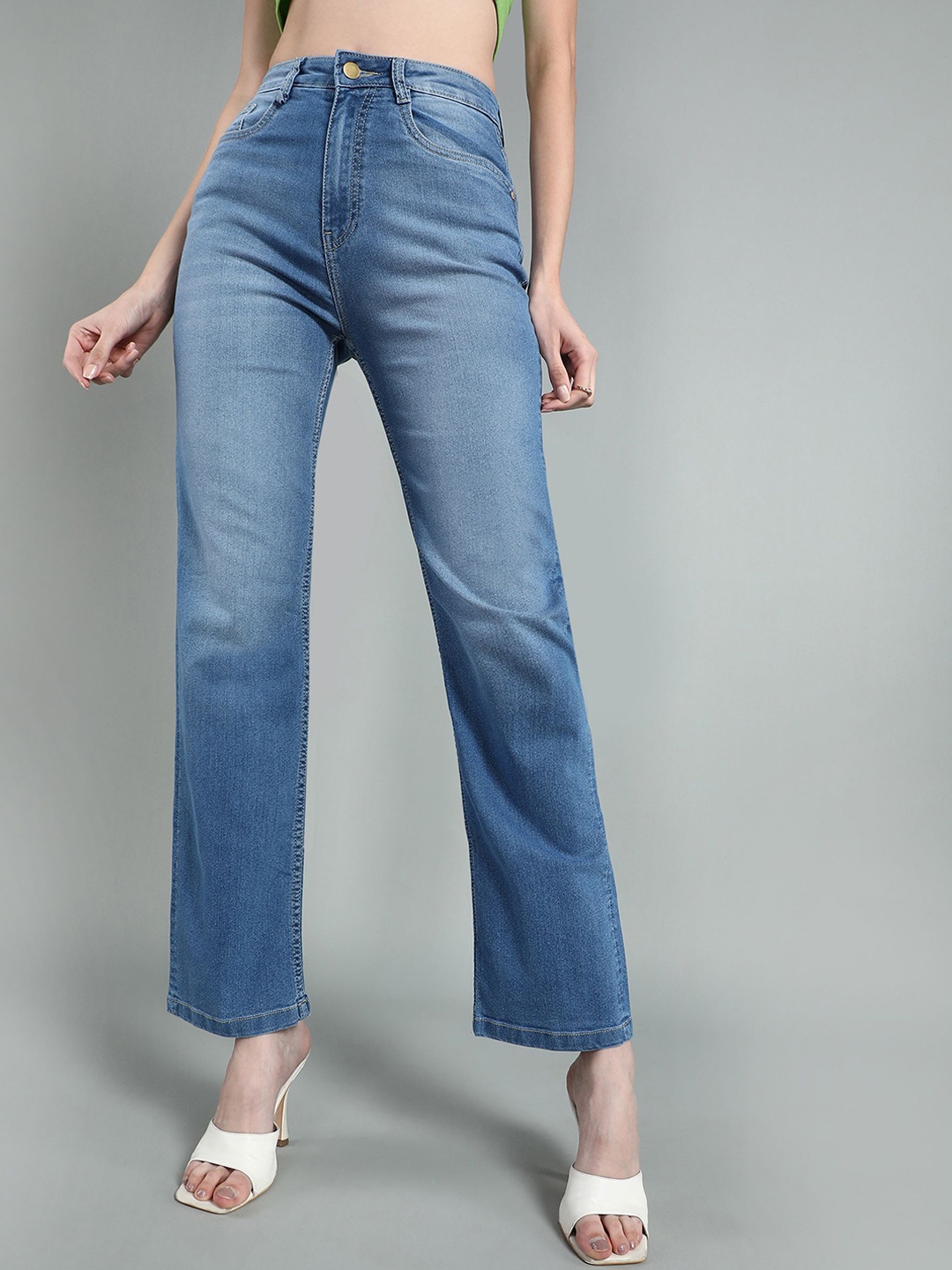 

BAESD Women Straight Fit High-Rise Low Distress Light Fade Stretchable Jeans, Blue