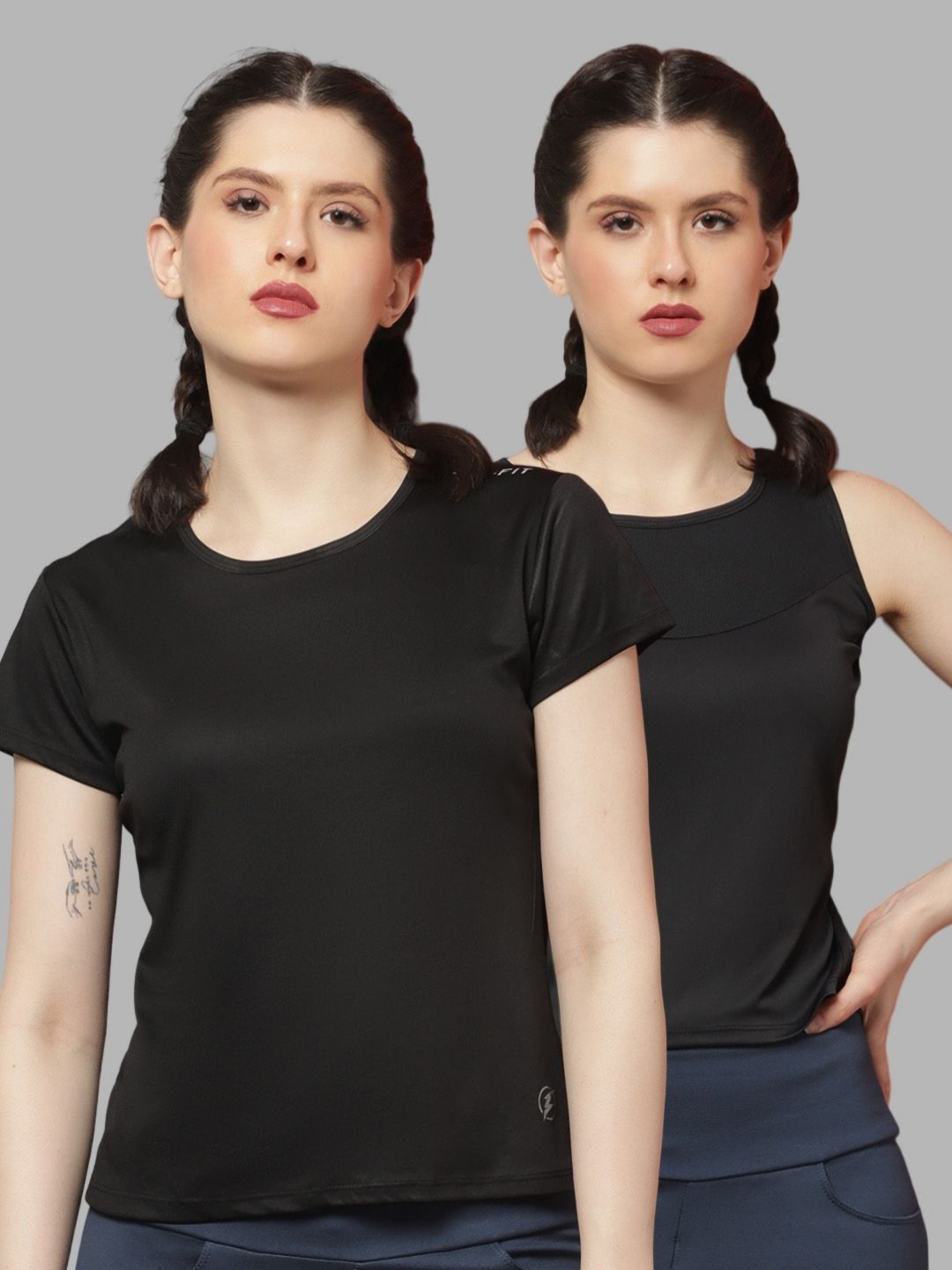 

Friskers Women Pack Of 2 Solid Round Neck T-shirts, Black