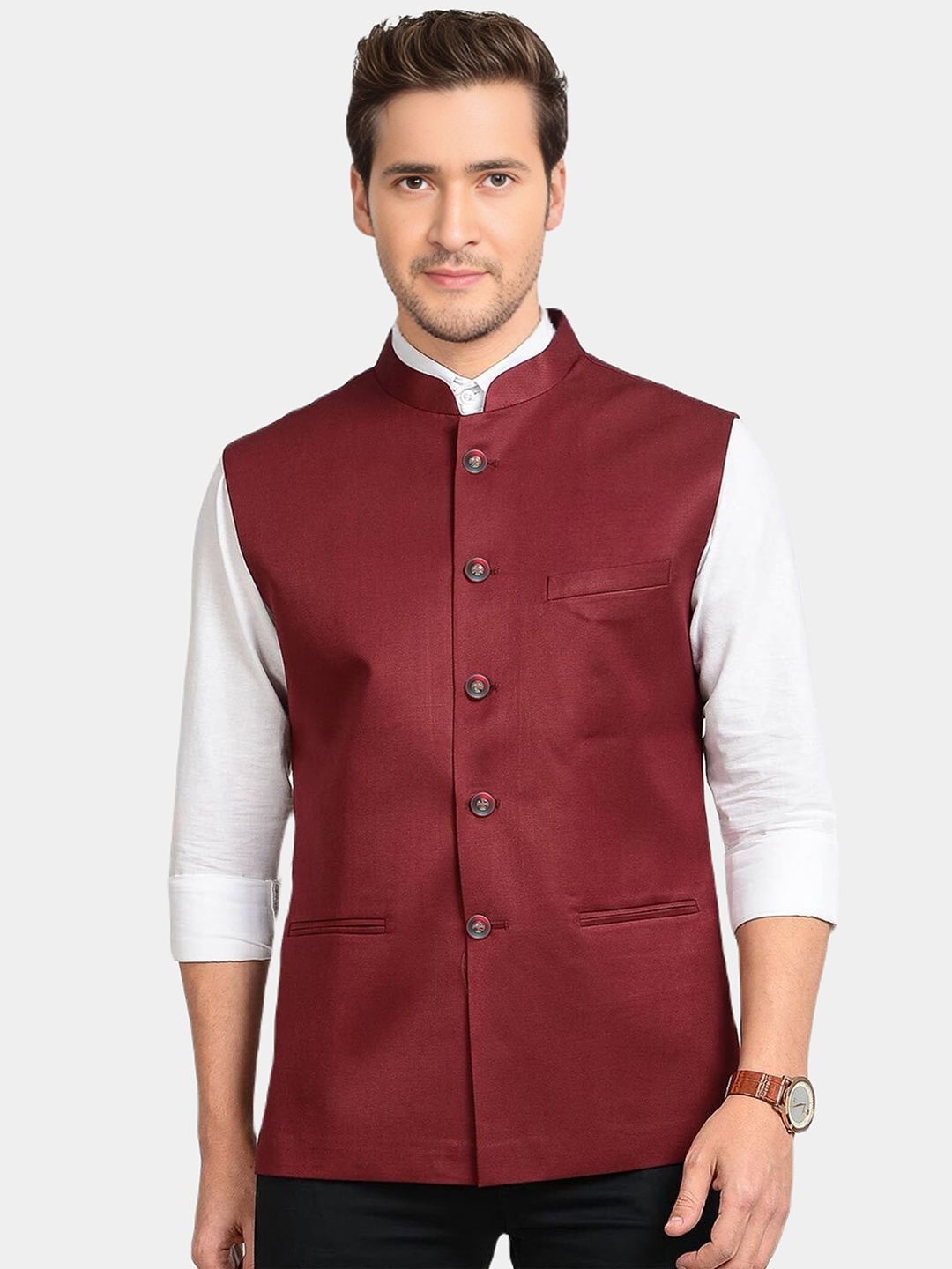 

BAESD Mandarin Collar Regular Fit Waistcoat, Maroon