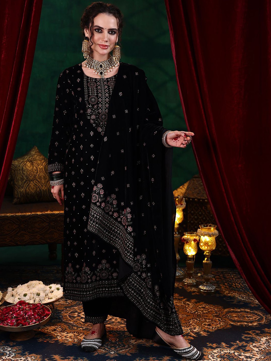 

Libas Floral Embroidered Zari Velvet Straight Kurta With Salwar & Dupatta, Black