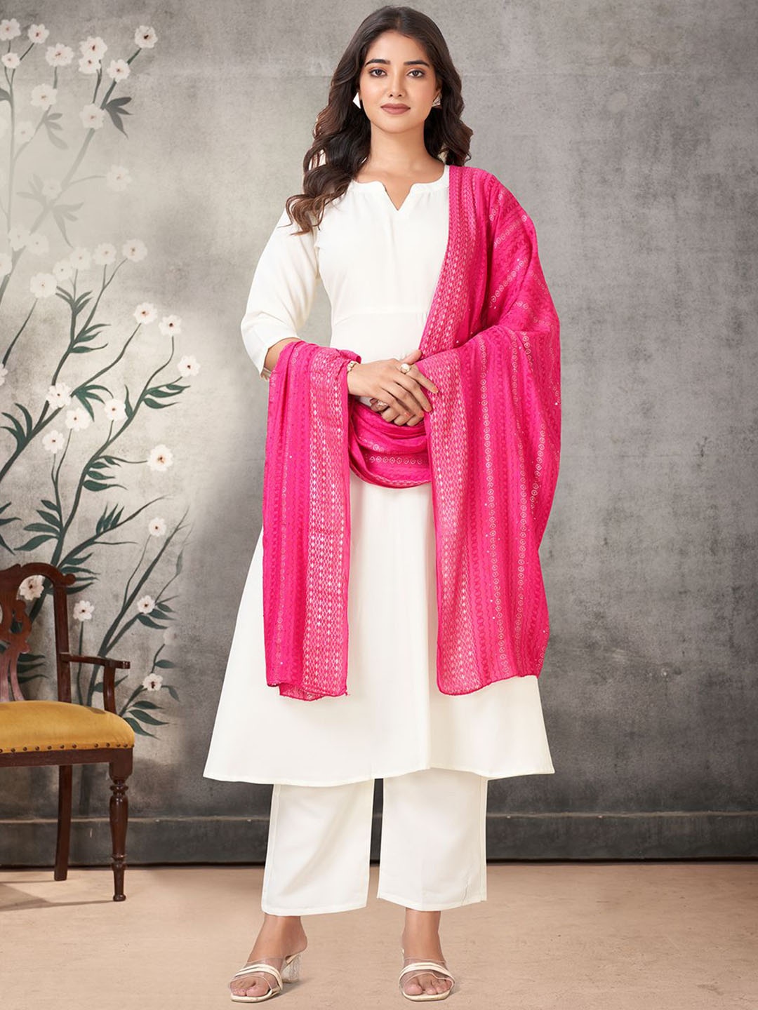 

KALINI Women Regular Kurta with Palazzos & With Dupatta, White