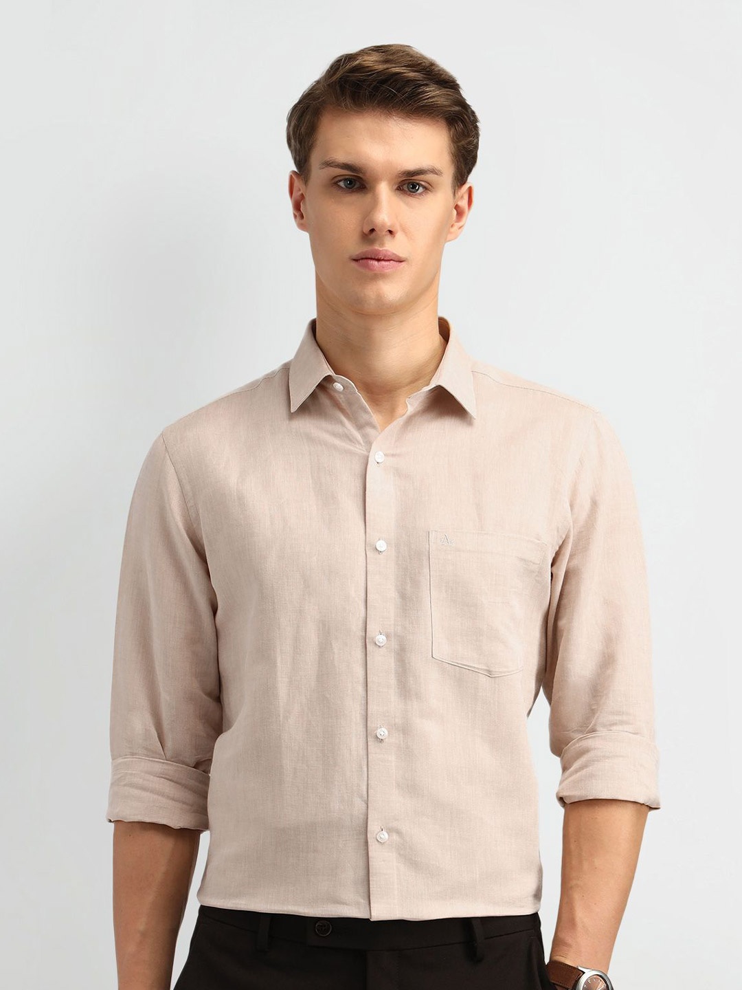 

Arrow Men Classic Spread Collar Solid Linen Casual Shirt, Beige