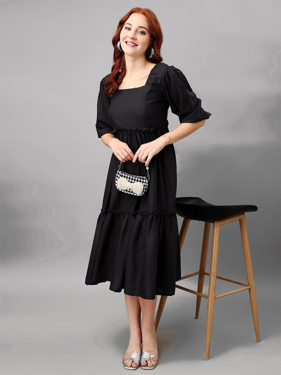 

Raiyani Enterprise Women Square Neck Applique Fit & Flare Midi Dress, Black