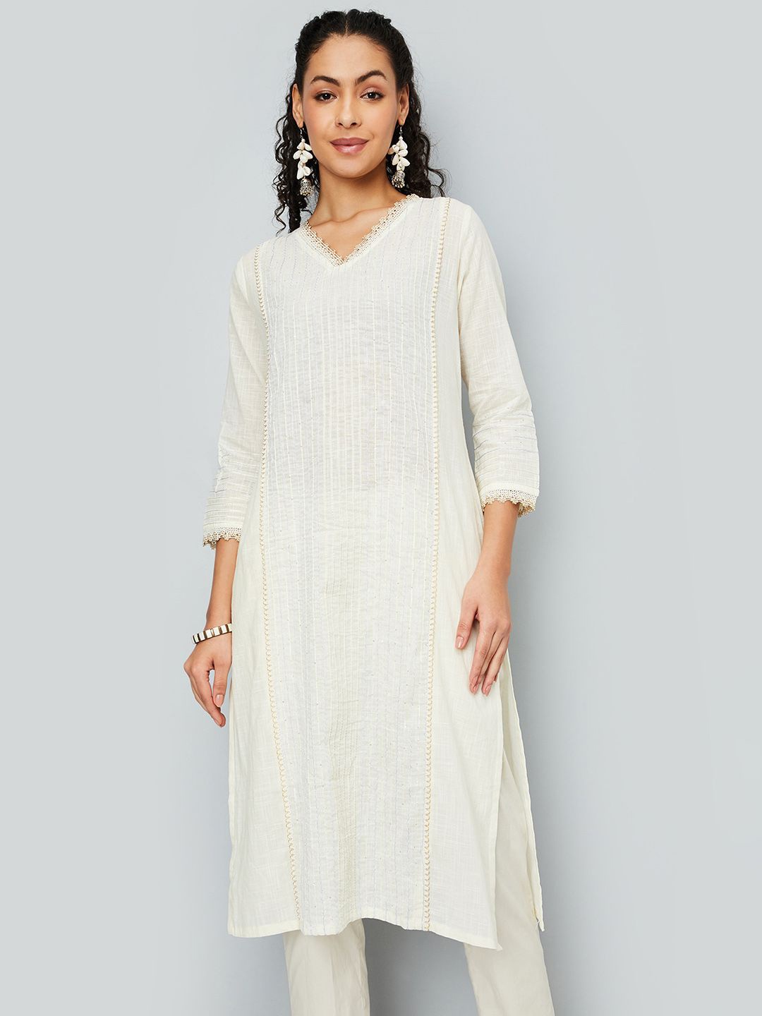 

max Striped Embroidered V Neck Cotton Straight Kurta, Off white