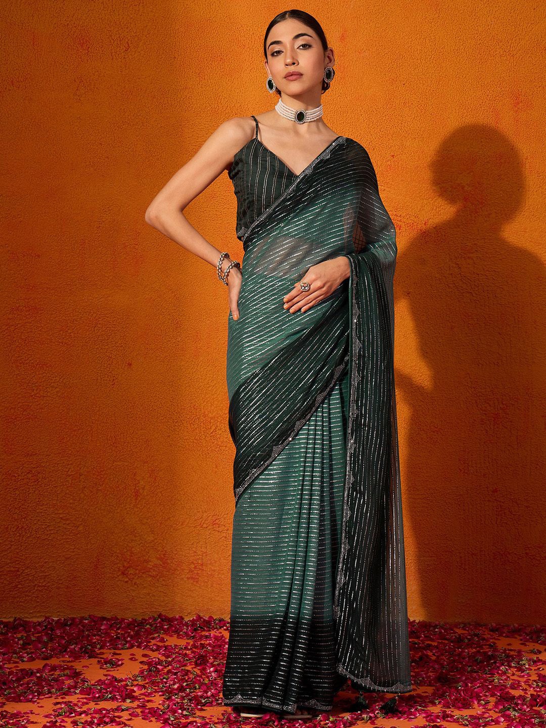 

Anouk Striped Embellished Saree, Green