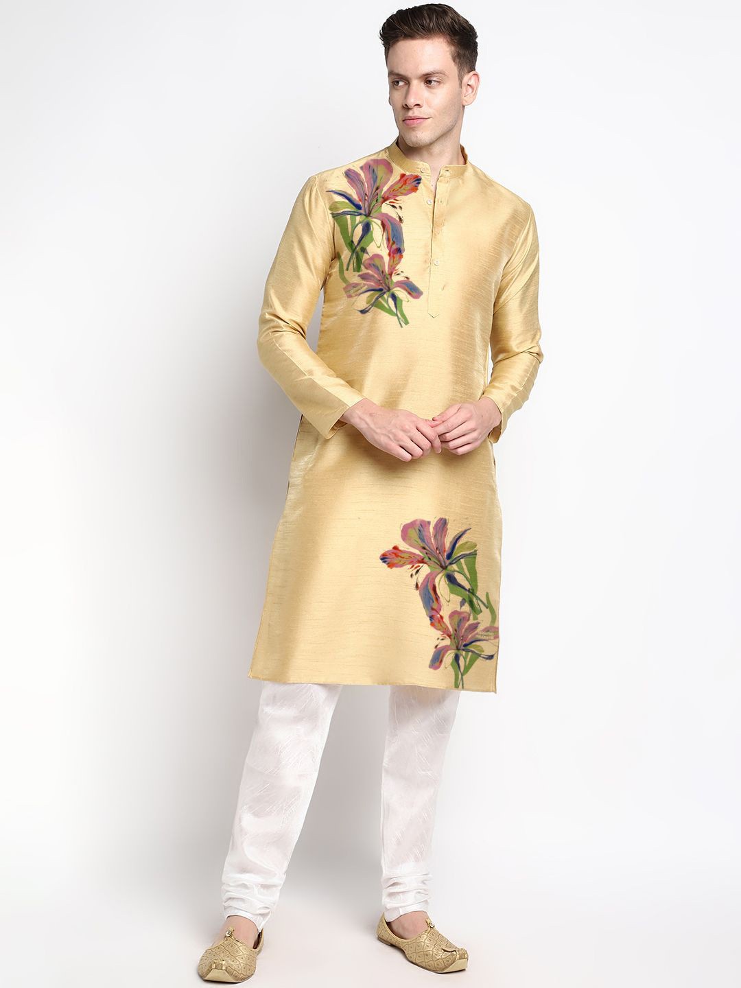 

DEVOILER Floral Printed Mandarin Collar Long Sleeves Straight Kurta, Beige