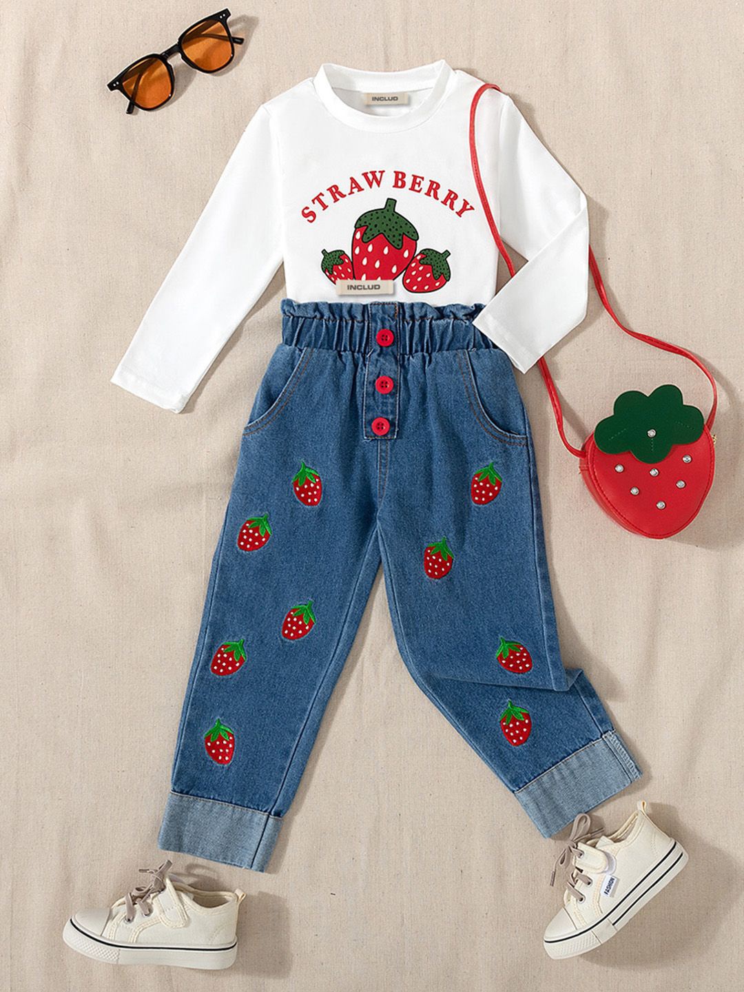 

INCLUD Girls Printed T-Shirt with Trousers Clothing Set, White