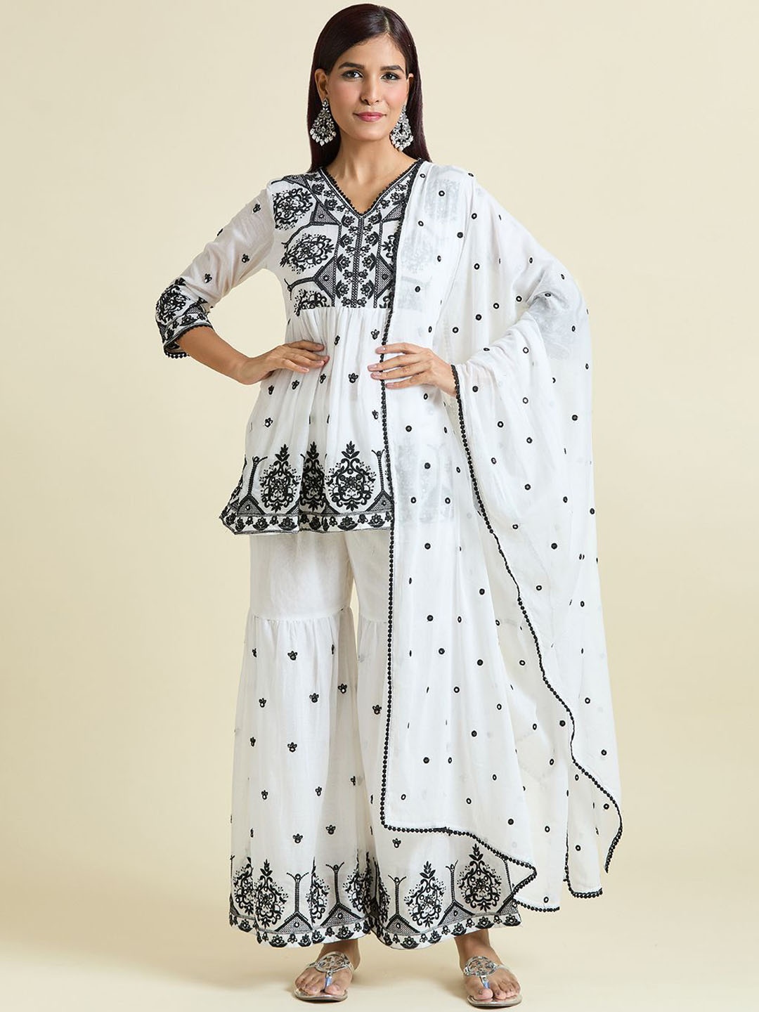 

Adara Khan Women Floral Embroidered Angrakha Mirror Work Pure Cotton Kurta with Sharara & With Dupatta, White