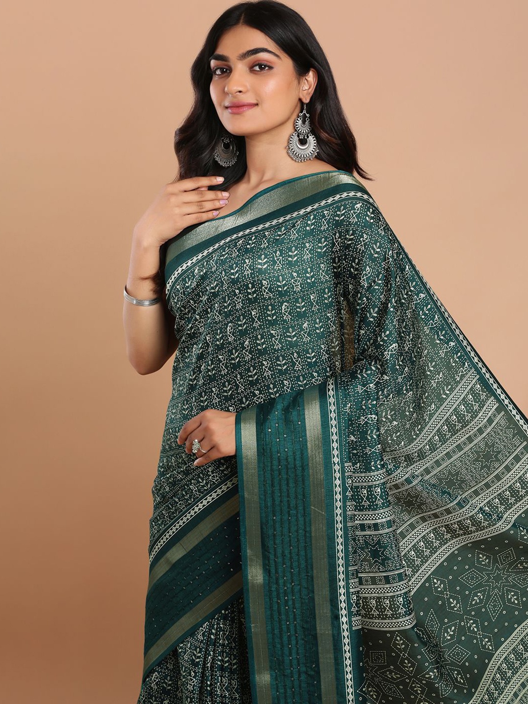 

Kalyan Silks Warli Printed Woven Design Zari Venkatgiri Saree, Green