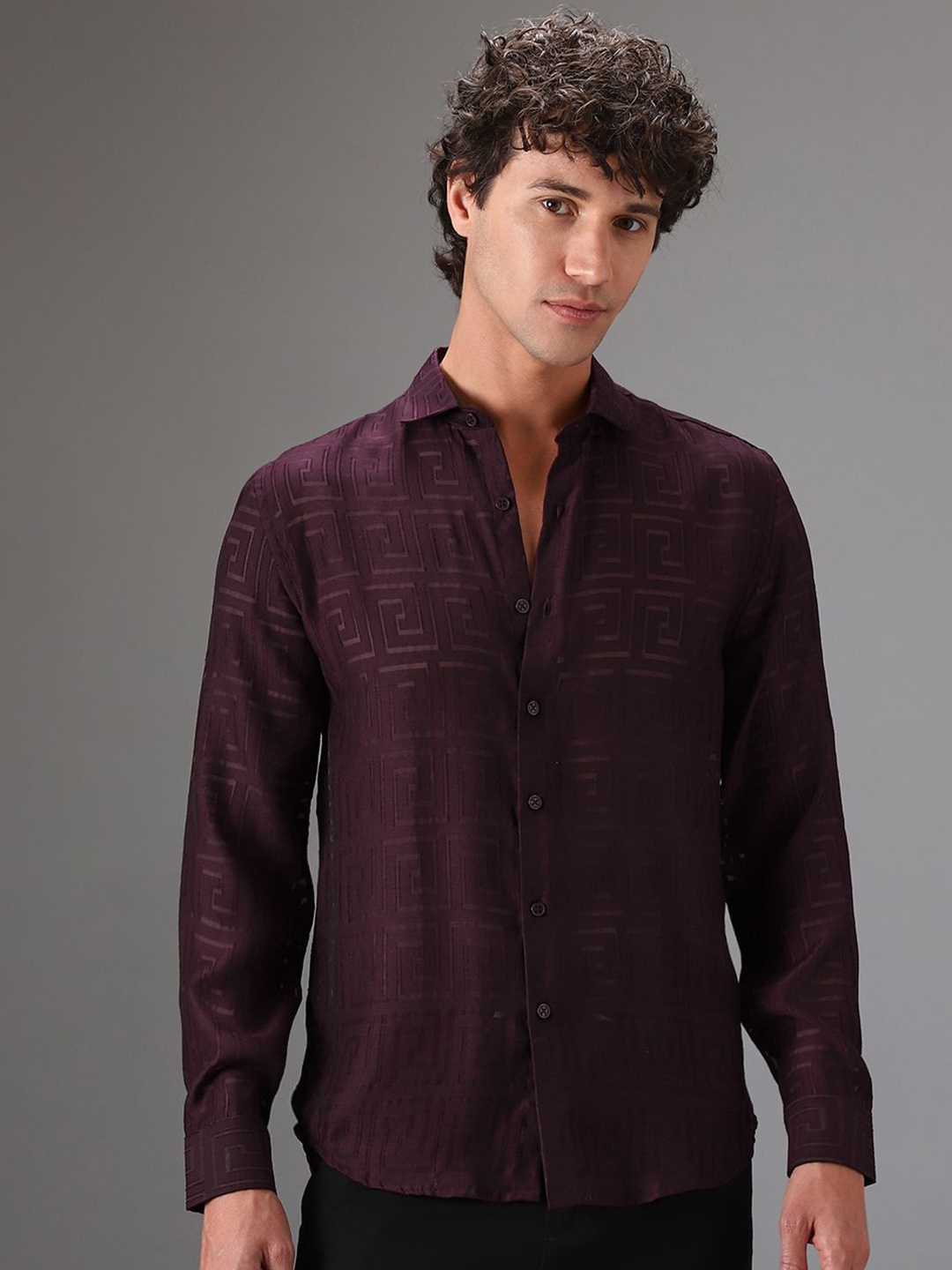 

Banana Club Men Classic Slim Fit Horizontal Stripes Semi Sheer Casual Shirt, Maroon