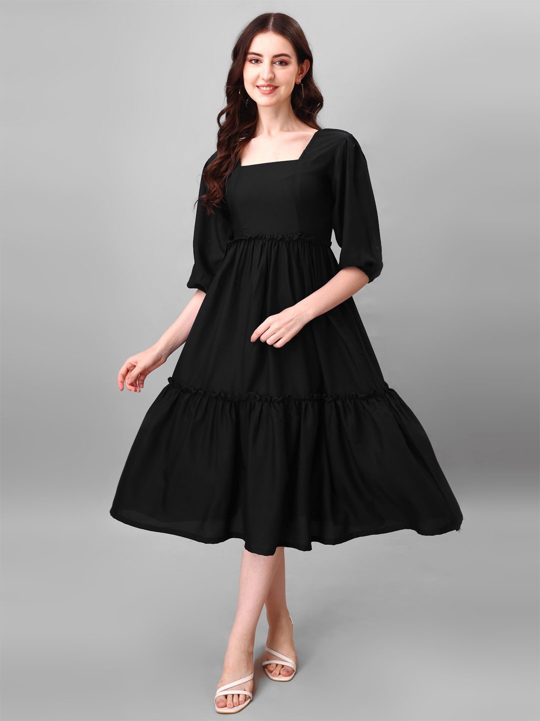 

Raiyani Enterprise Women Square Neck Puff Sleeves Fit & Flare Midi Dress, Black