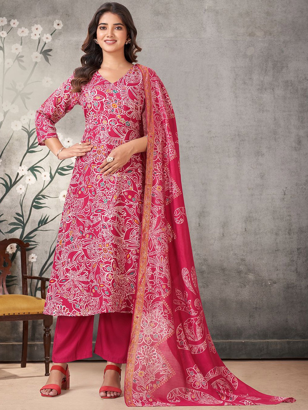 

KALINI Floral Printed V-Neck A-Line Kurta with Trousers & With Dupatta, Pink