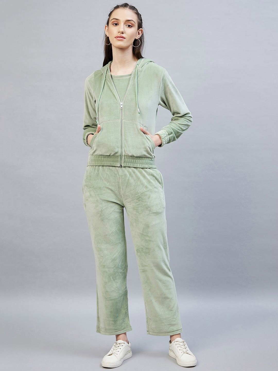 

DELAN Hooded Pure Cotton Sweatshirt & Trouser With Top, Green