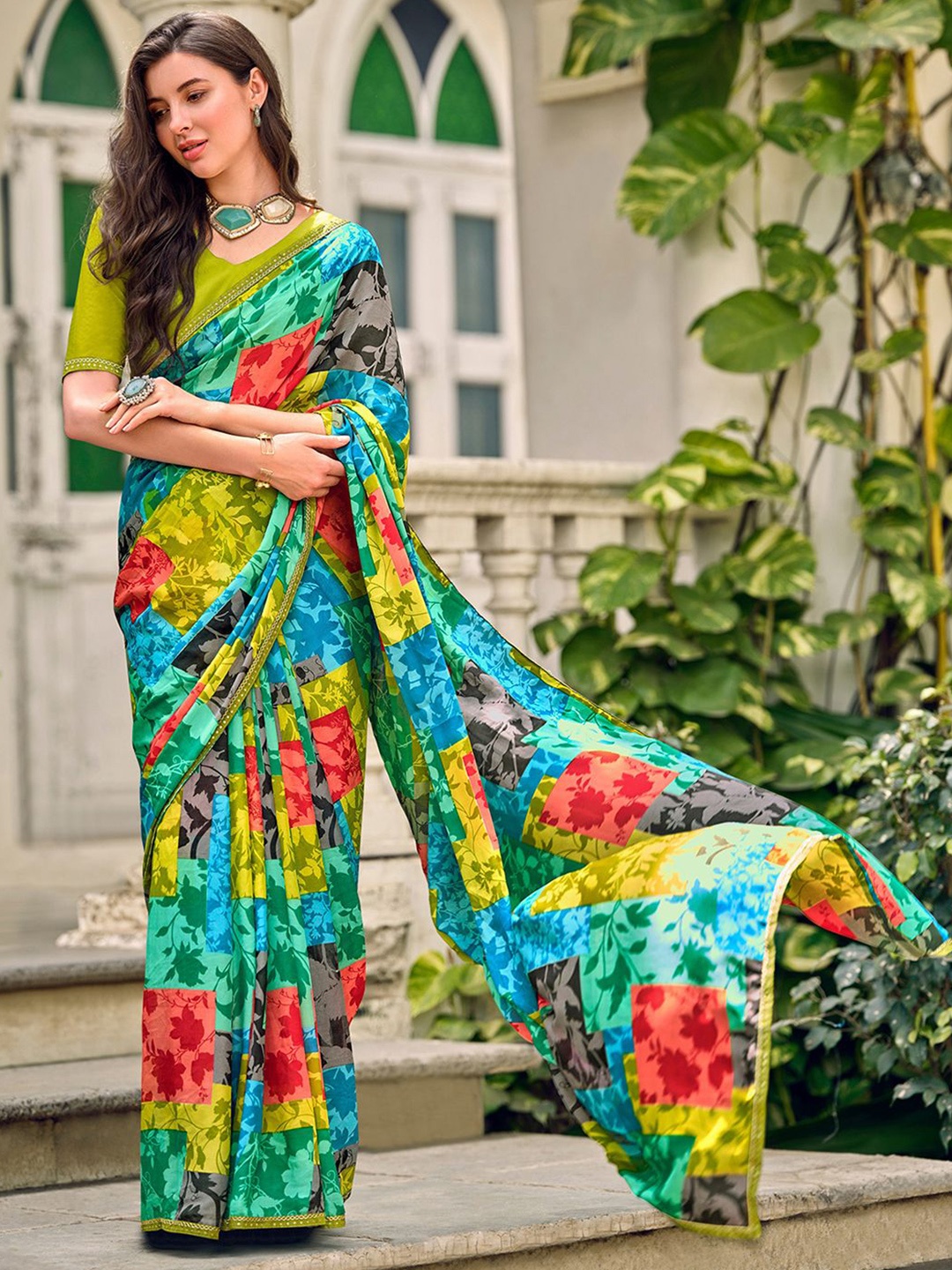 

SANSKAR Floral Embroidered Saree, Sea green