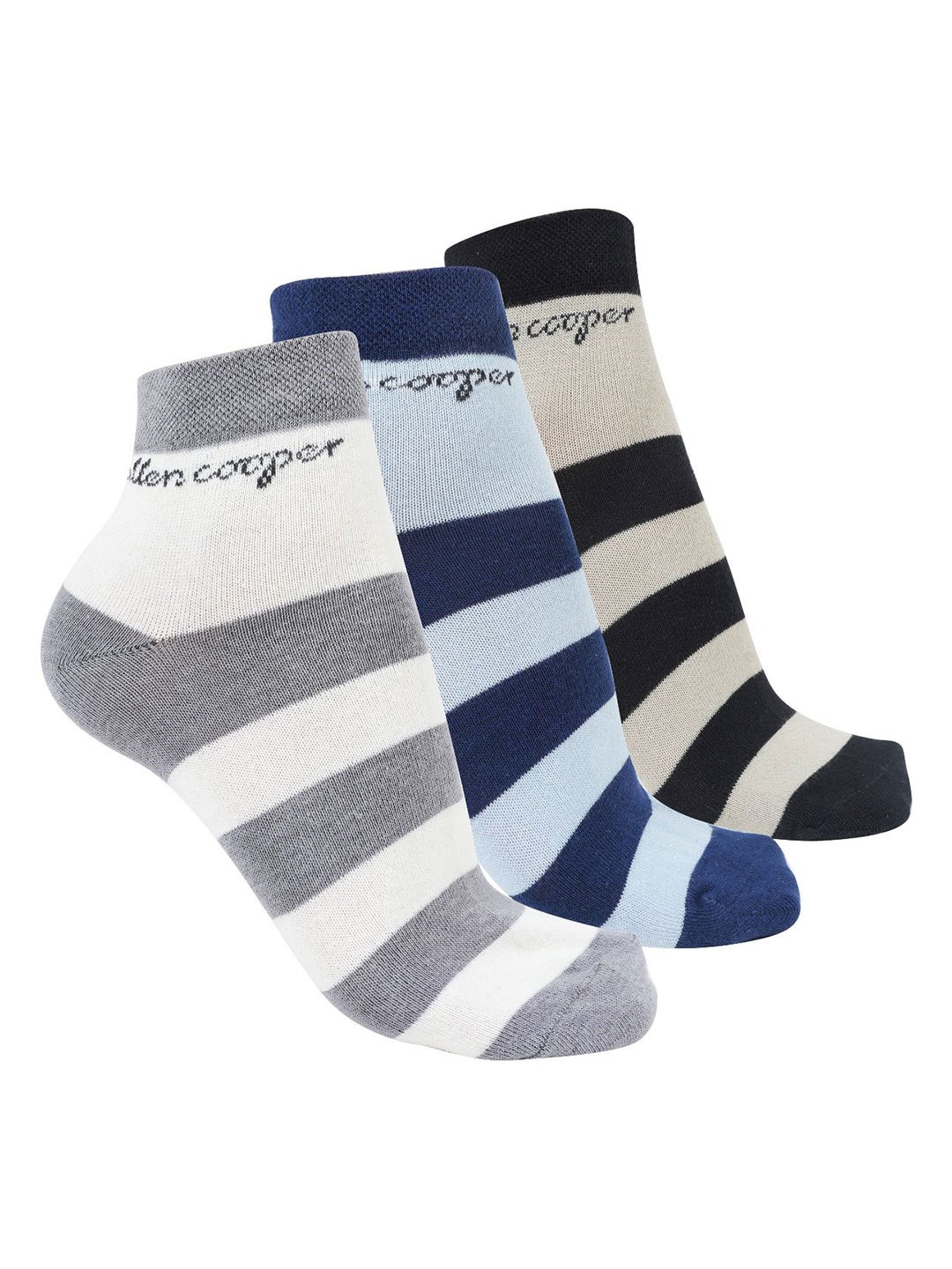 

Allen Cooper Pack Of 3 Striped Pure Cotton Ankle Length Socks, Grey