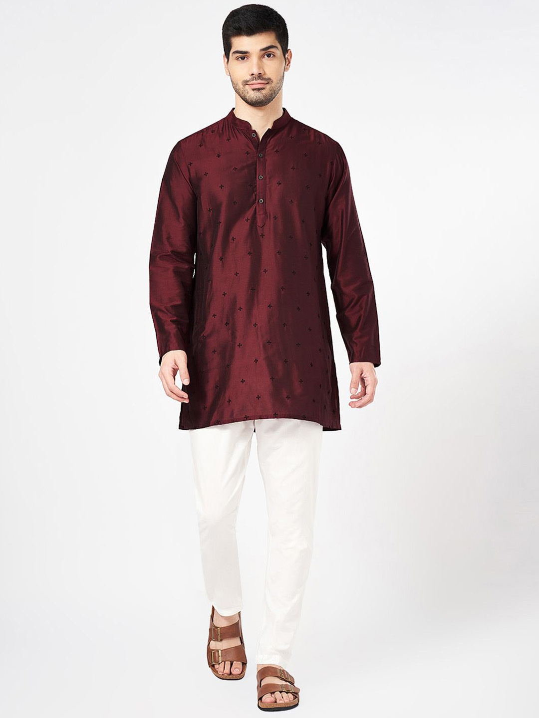 

indus route by Pantaloons Ethnic Motifs Embroidered Mandarin Collar Straight Kurta, Red