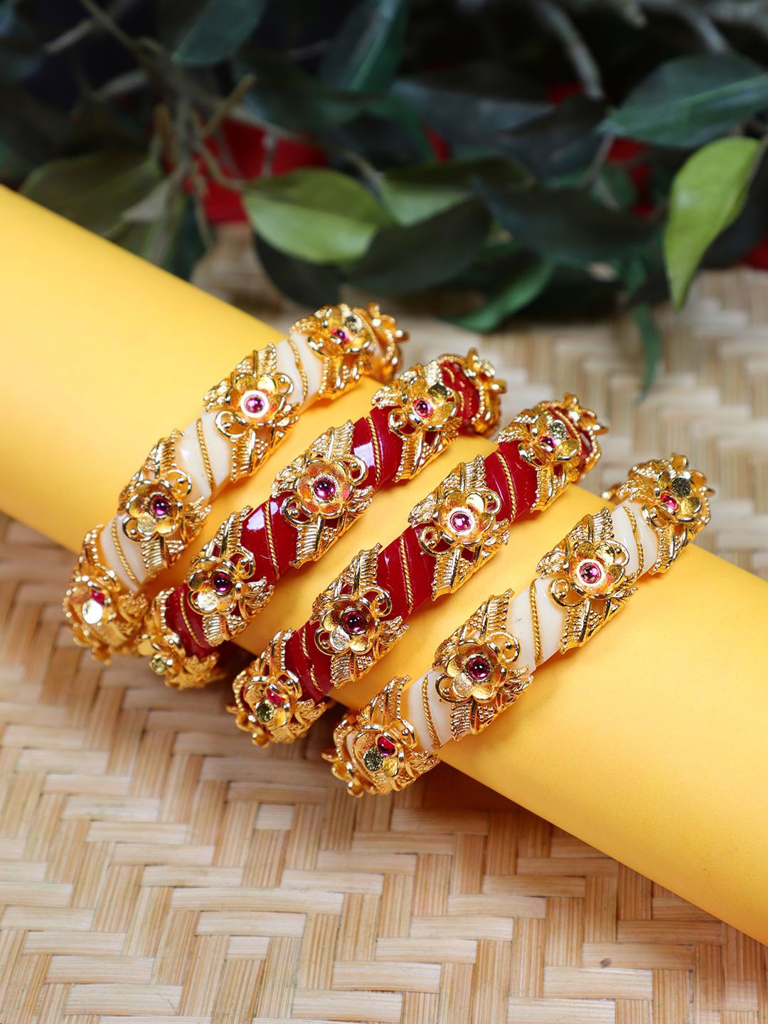 

FIROZA Set Of 4 Gold-Plated Stone-Studded & Beaded Bangles