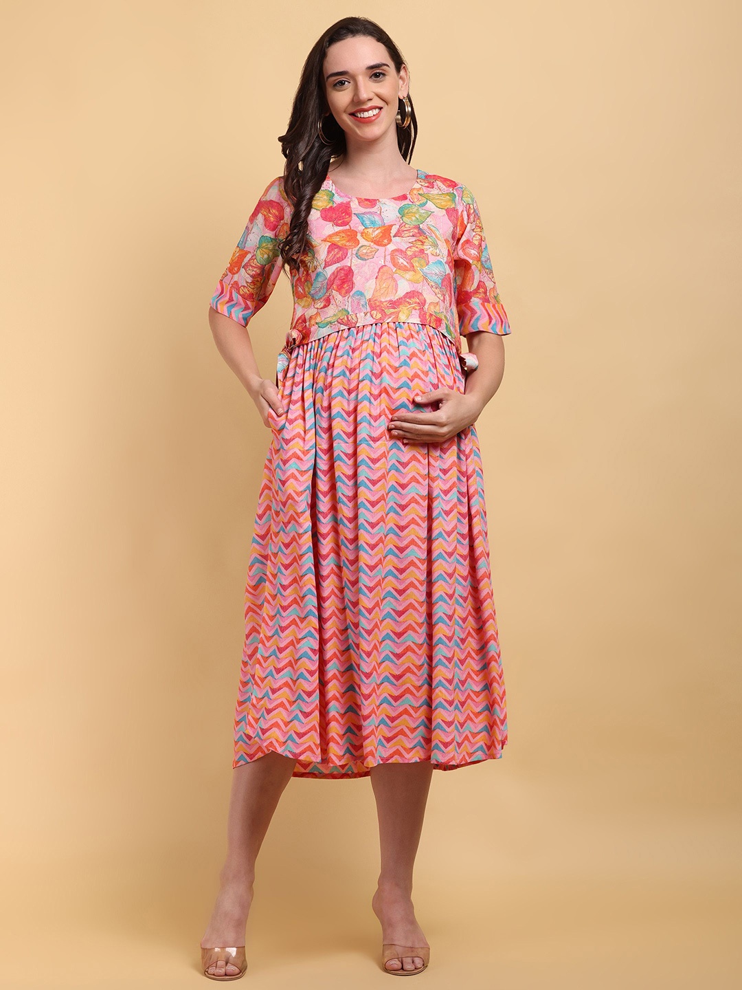 

CHARISMOMIC Women Floral Print Layered Maternity Fit & Flare Maxi Dress, Pink