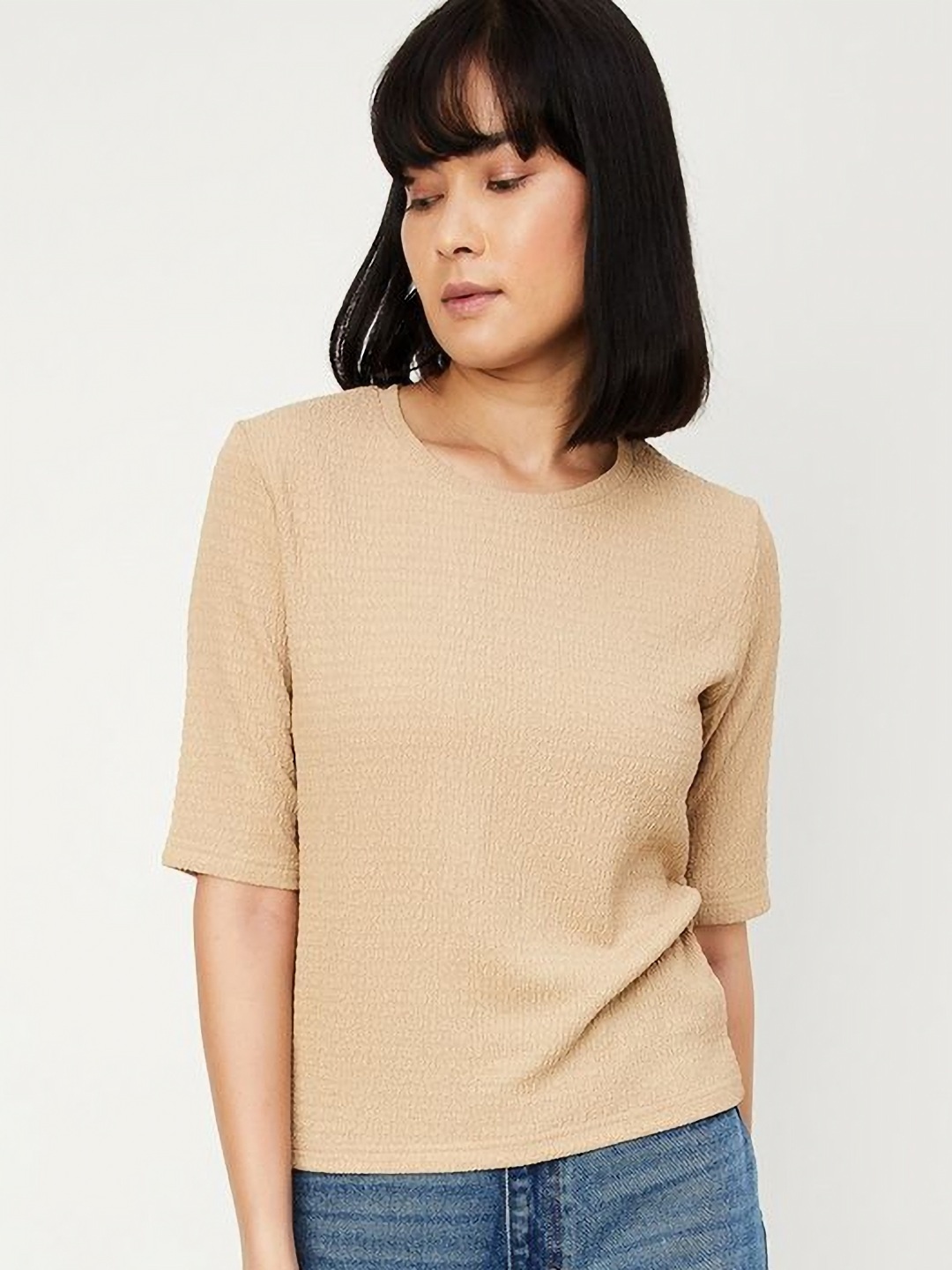 

max Women Self Design Round Neck Cotton T-shirt, Beige
