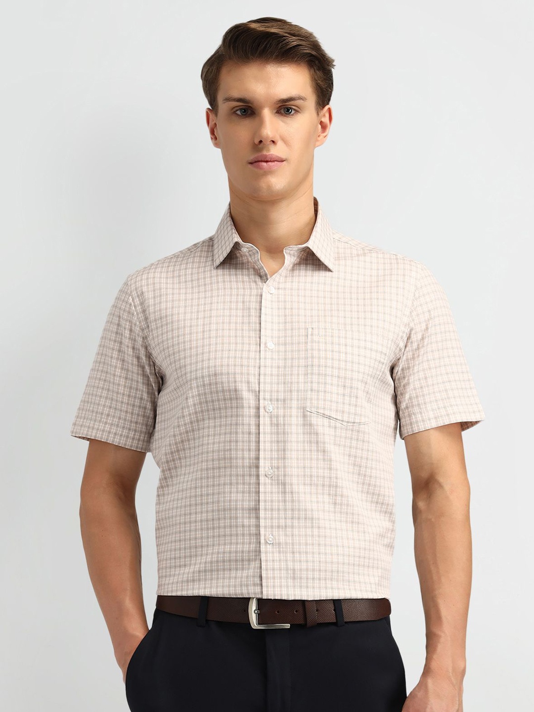 

Arrow Men Classic Spread Collar Checked Cotton Casual Shirt, Beige