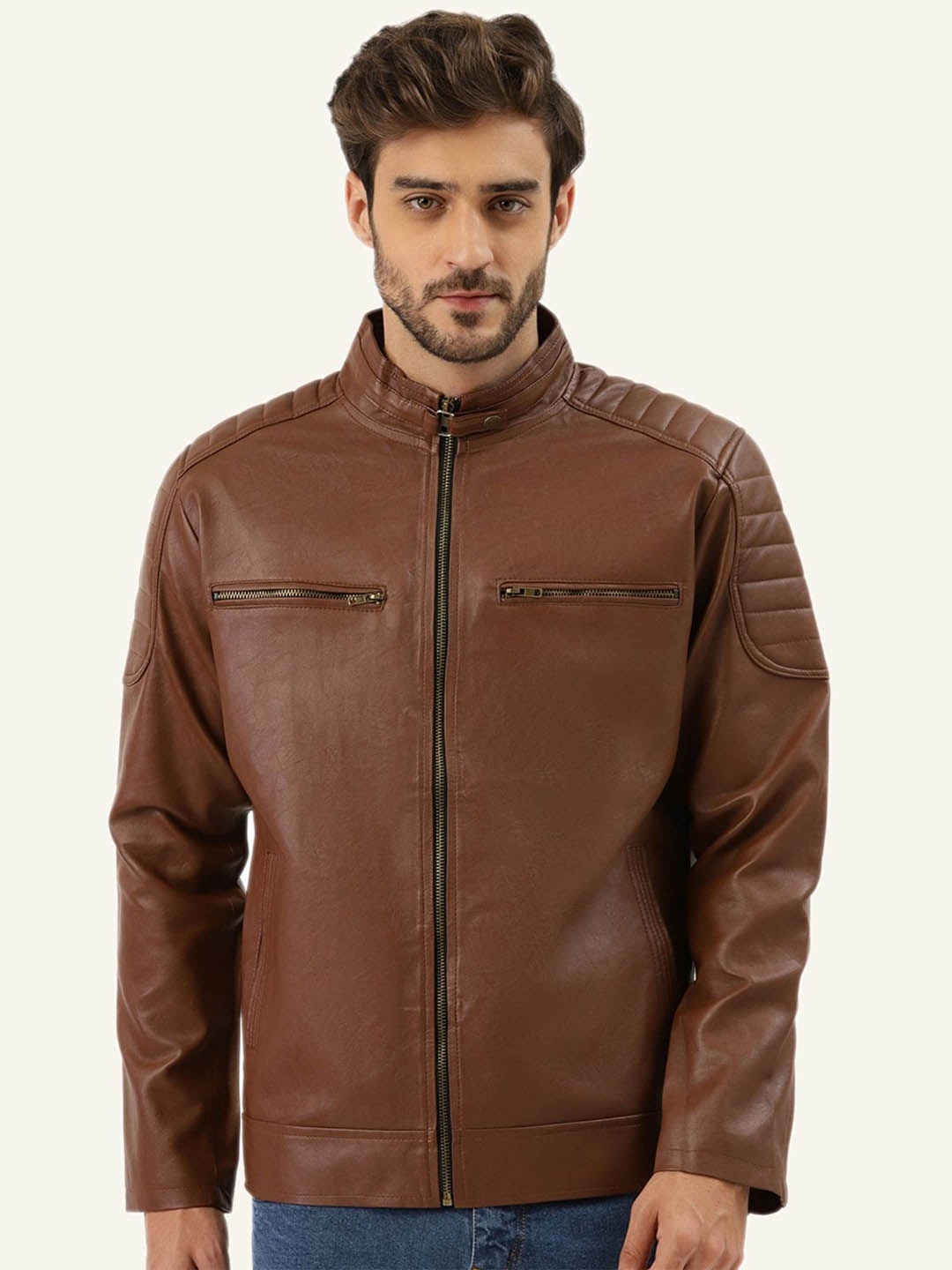 

Leather Retail Men Mandarin Collar Solid Casual Biker Jacket, Brown