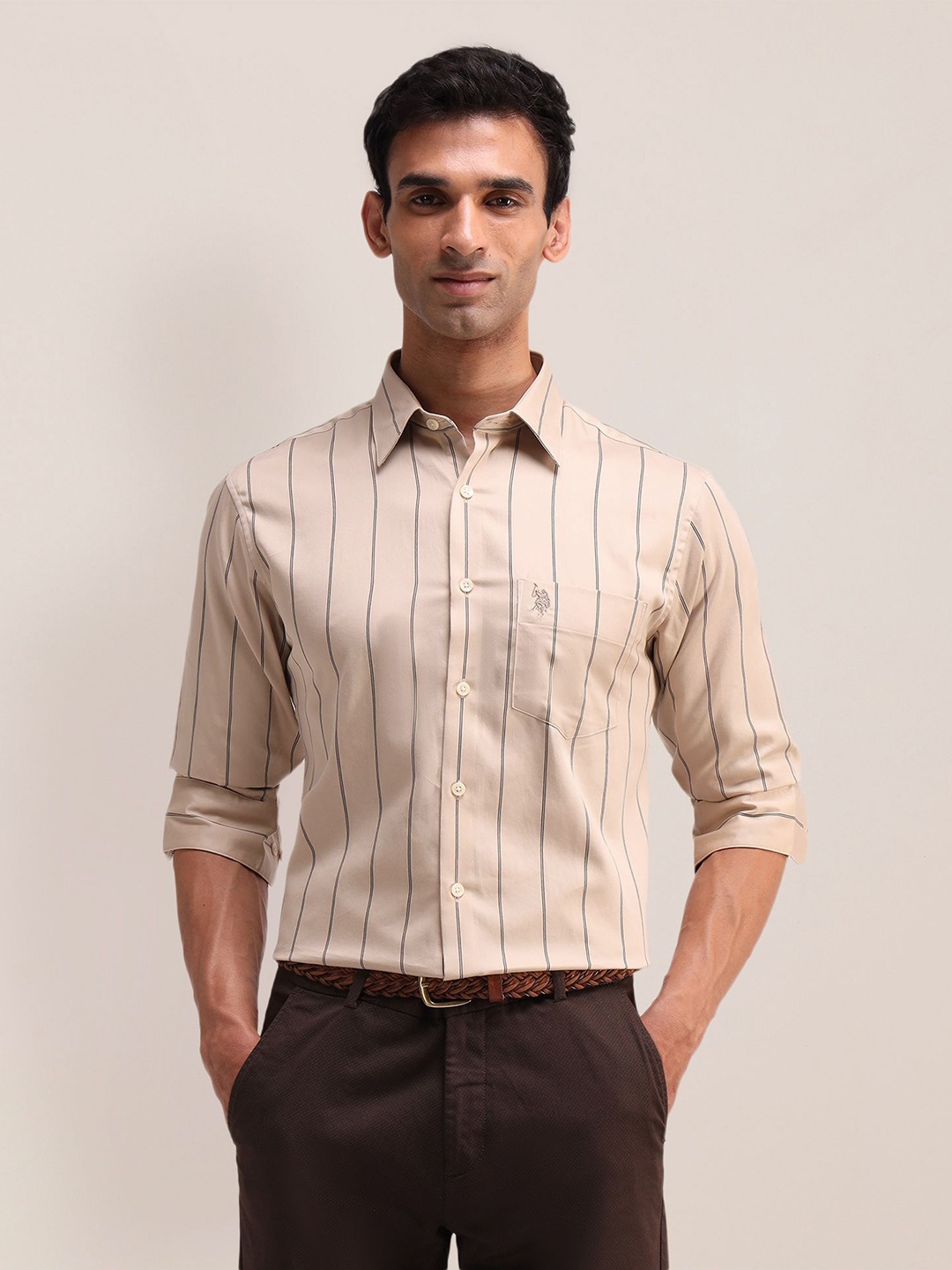 

U.S. Polo Assn. Men Classic Spread Collar Vertical Striped Cotton Casual Shirt, Pink