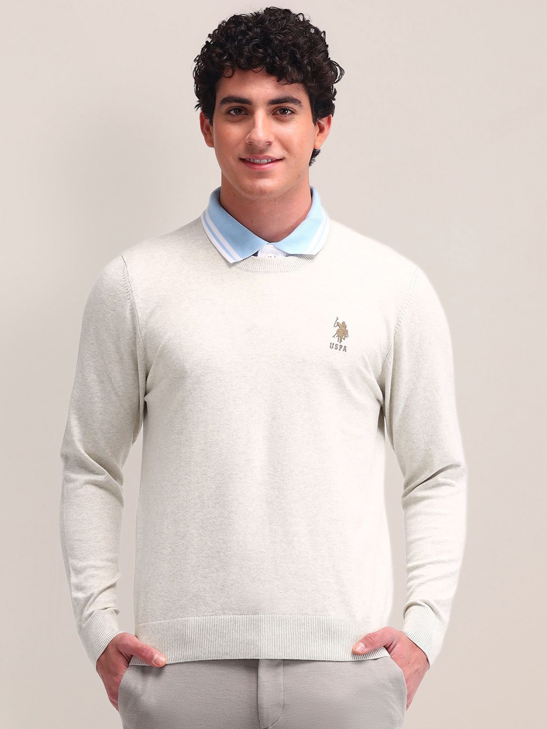 

U.S. Polo Assn. Men Round Neck Long Sleeves Pullover Sweater, Beige