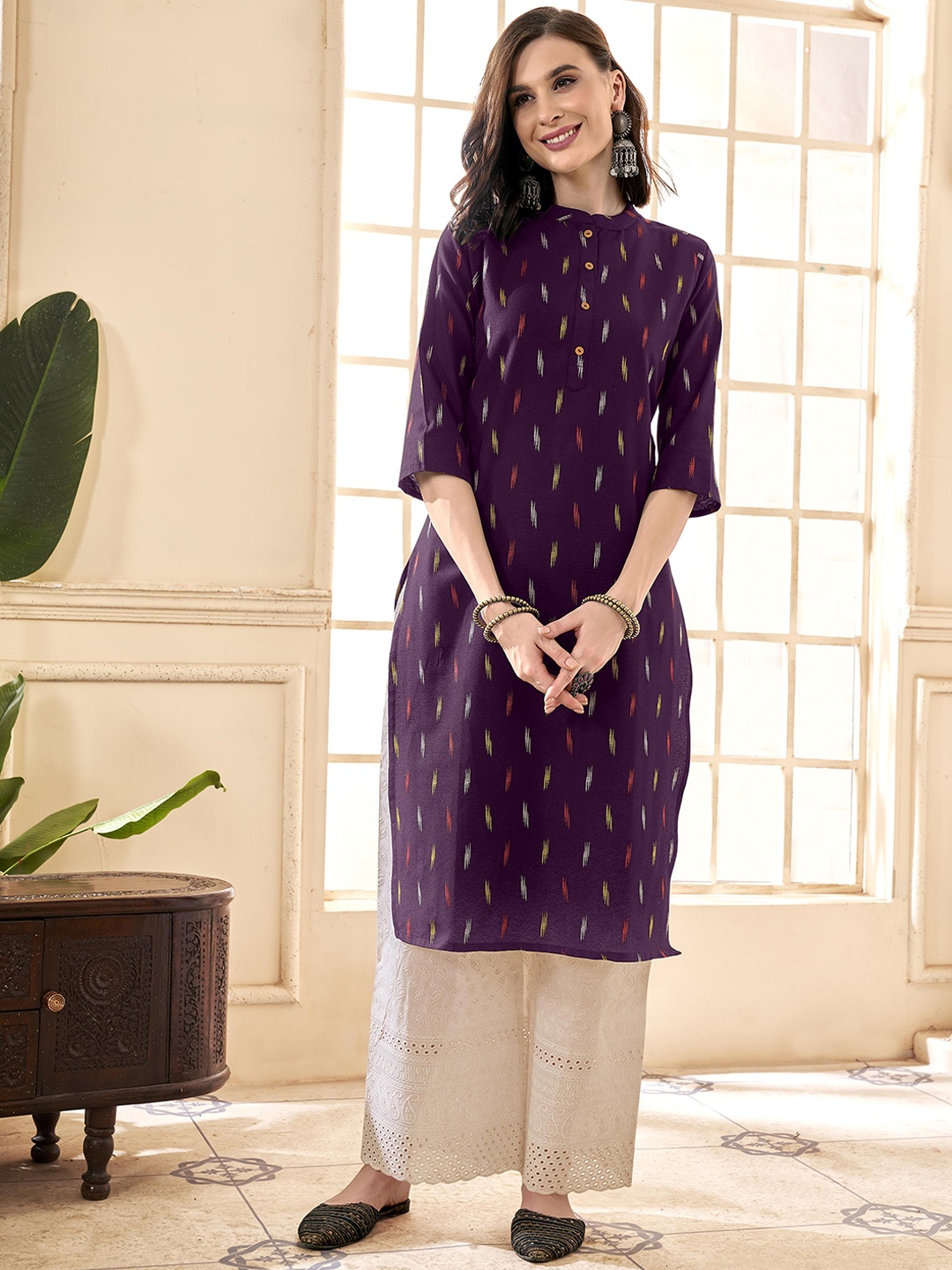 

Anouk Pure Cotton Mandarin Collar Straight Kurta, Purple