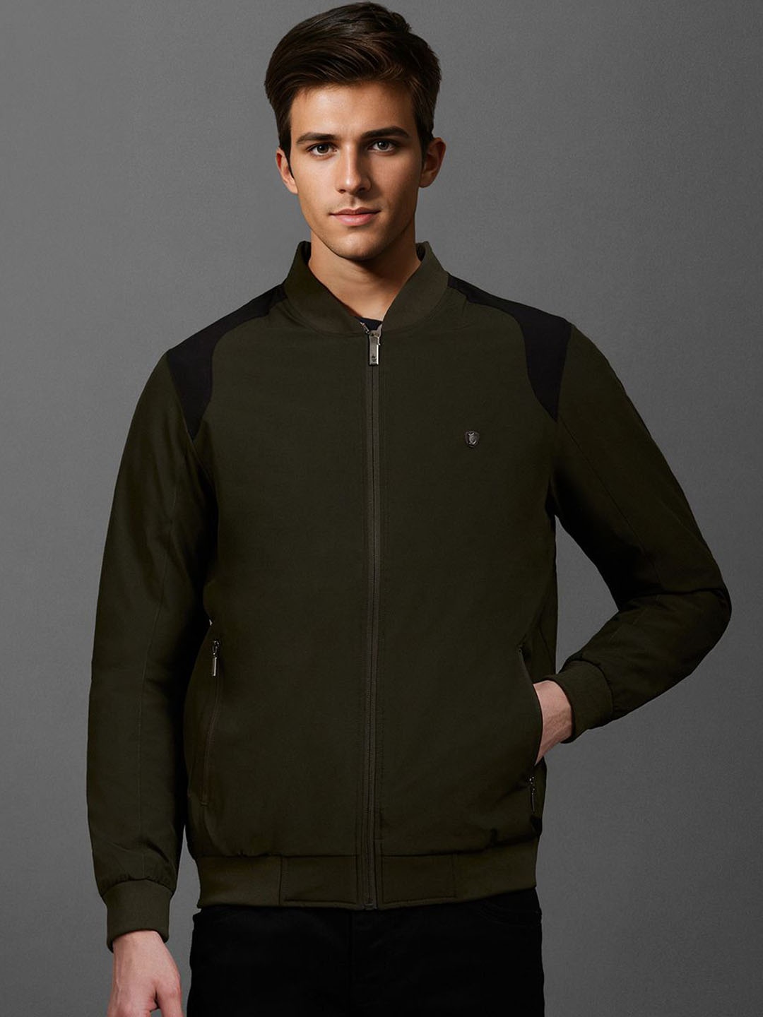 

Louis Philippe Men Stand Collar Colourblocked Casual Bomber Jacket, Olive