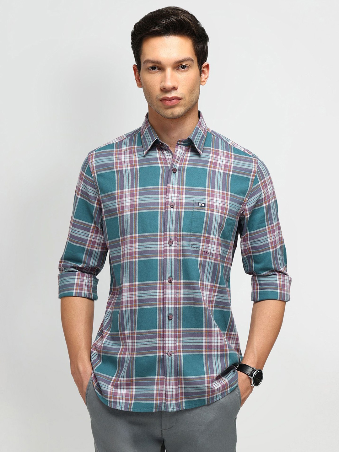 

Arrow Sport Men Manhattan Slim Fit Opaque Checked Casual Shirt, Teal
