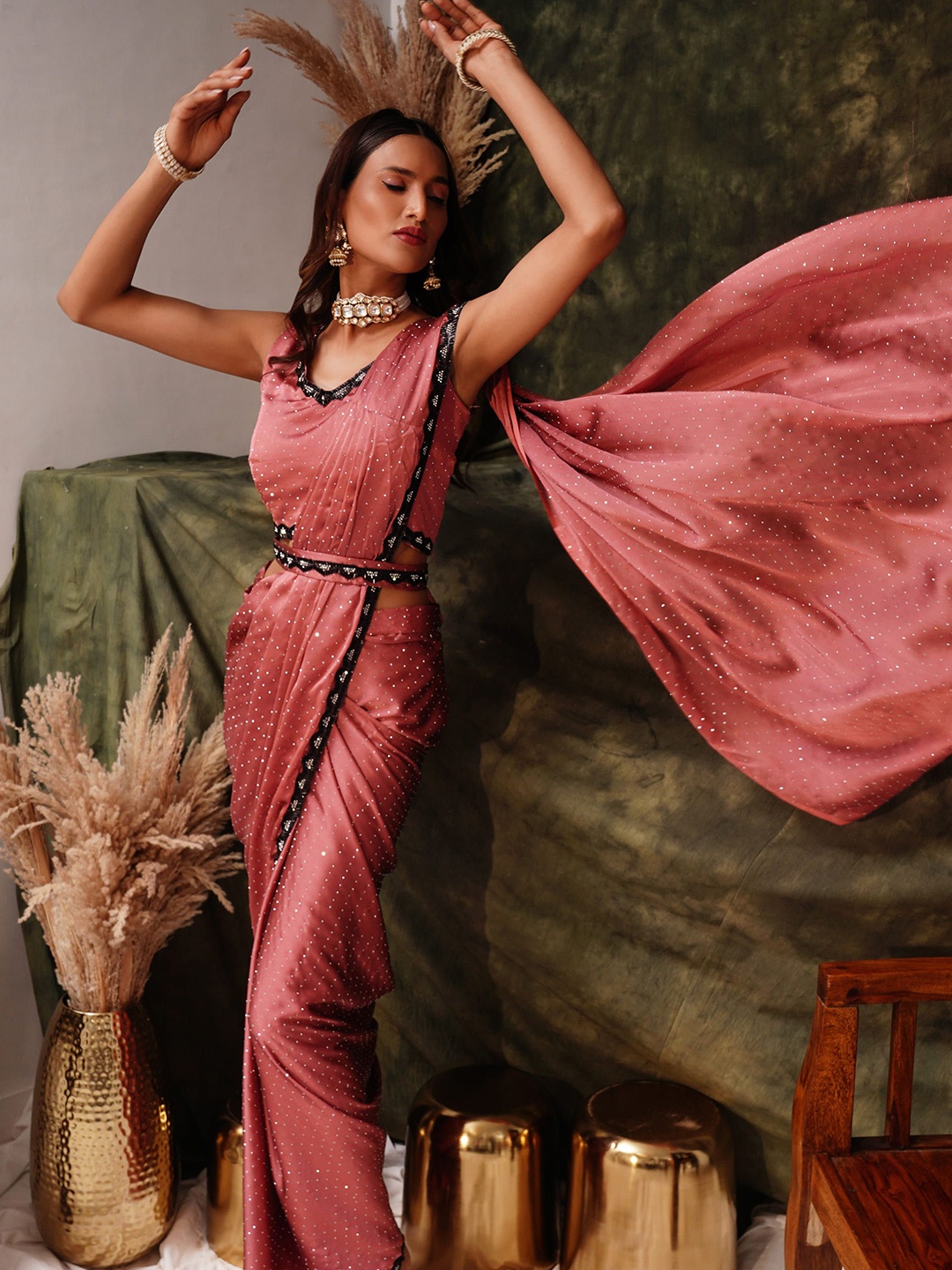 

AMOHA TRENDZ Embellished Beads and Stones Ready to Wear Saree, Peach