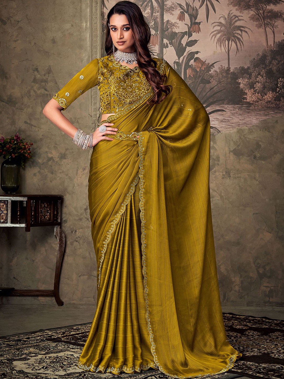 

SANSKAR Embroirdered Solid Saree With Stitched Free Size Blouse, Mustard