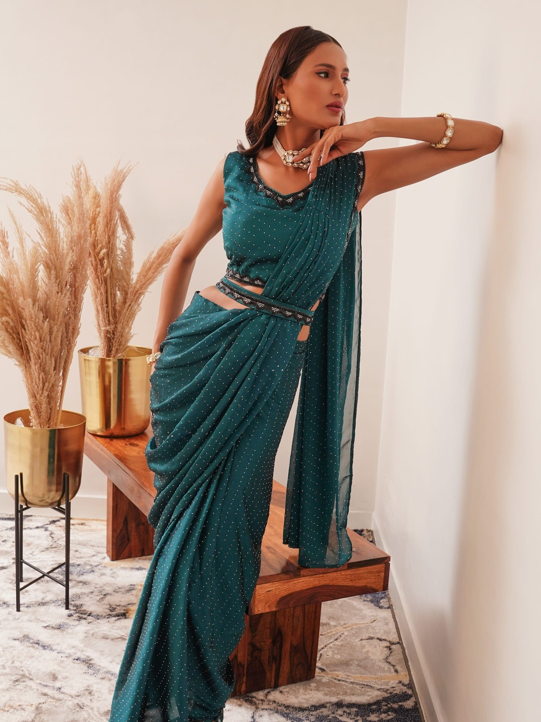 

AMOHA TRENDZ Embellished Beads and Stones Ready to Wear Saree, Teal