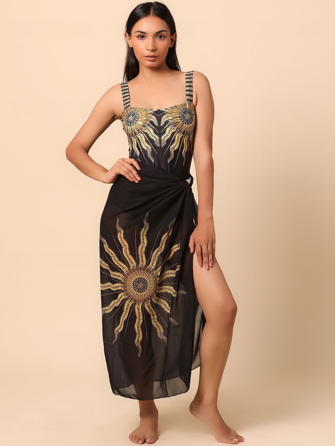 

WomanLikeU Goemetric Printed Semi Sheer Coverup Sarong, Black
