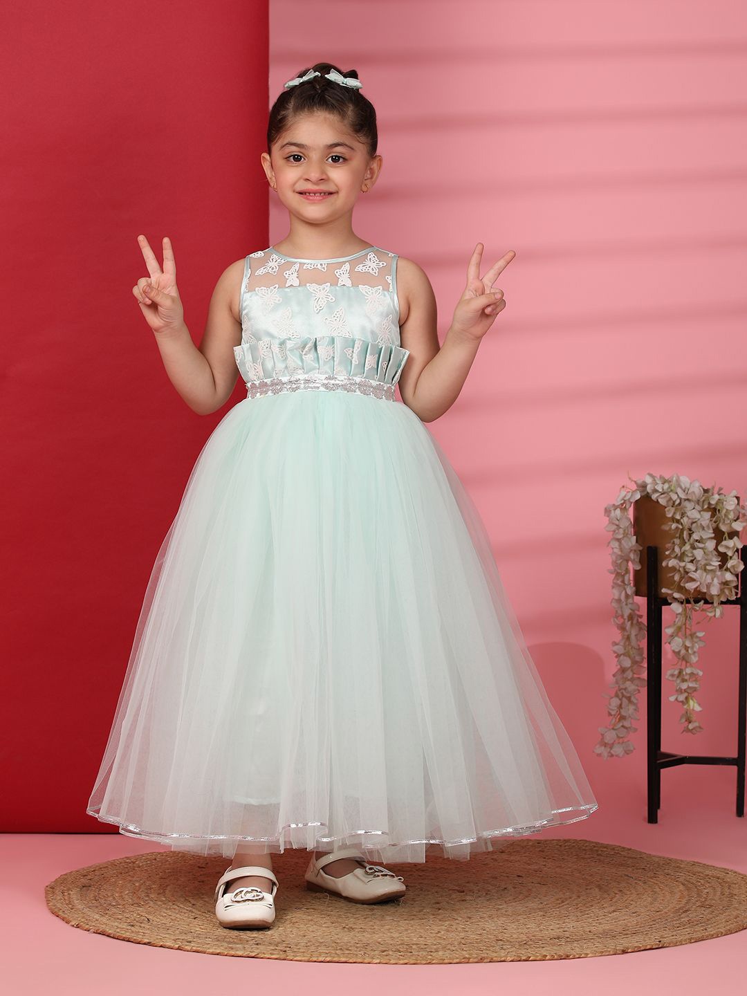 

Toy Balloon kids Girls Embellished Applique Net Fit & Flare Maxi Dress, Sea green
